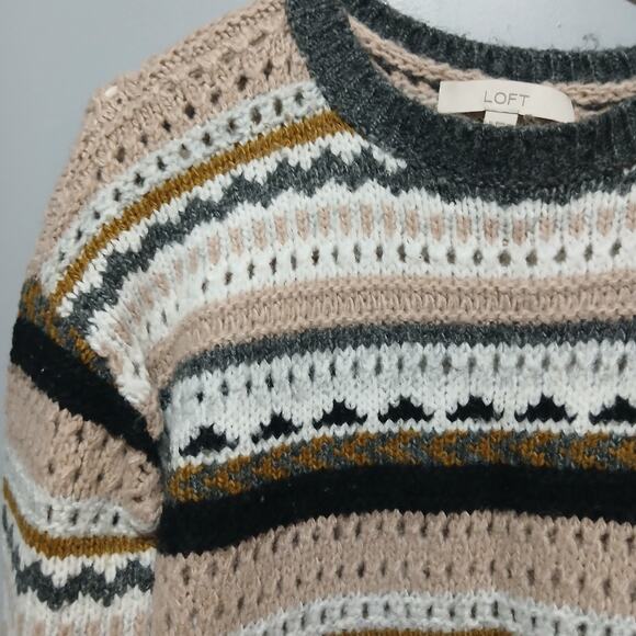 Ann Taylor Loft Sweater Womens Size Small Striped Gray Beige Wool Blend - Picture 2 of 6